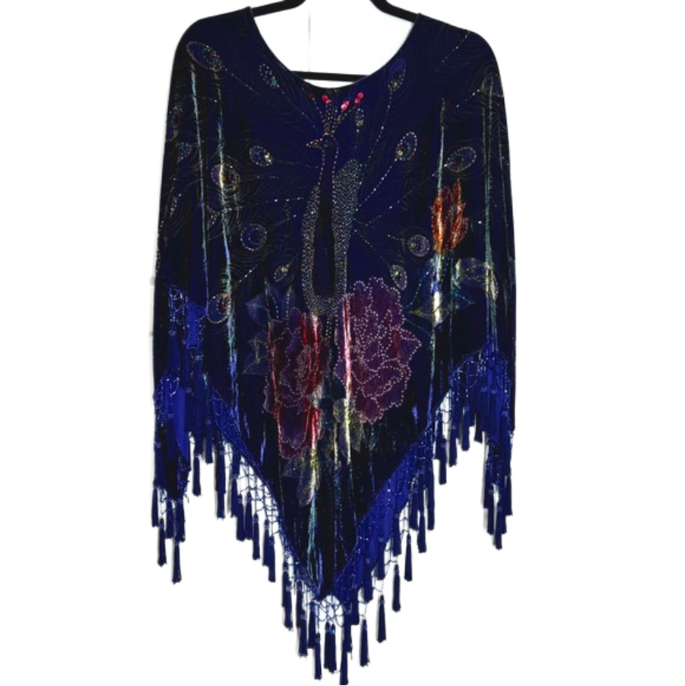 Vintage deep purple velvet art deco beaded Peacock & Rose fringe poncho. O/S